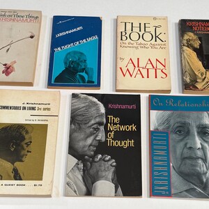 May include: A collection of seven paperback books by J. Krishnamurti and Alan Watts. Titles include Think on These Things, The Flight of the Eagle, The Book: On the Taboo Against Knowing Who You Are, Krishnamurti's Notebook, Commentaries on Living, The Network of Thought, and On Relationship.