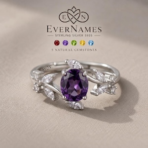 S925 Sterling Silver Natural Gemstone Leaf Ring •Amethyst Garnet Peridot Topaz Ring •Botanical Vintage Statement Jewelry Gift for Her| EV28
