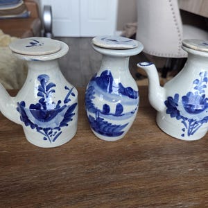 Vintage Blue White Hand Painted Ceramic Ewer Trio, Lidded Pottery Vessels, Floral Design, Early 20th Century