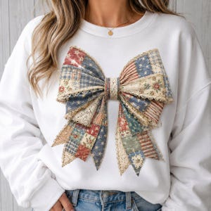 Patriotic Patchwork Bow PNG, Vintage Americana Quilt Bow Sublimation Design, Floral Lace 4th of July Digital Download