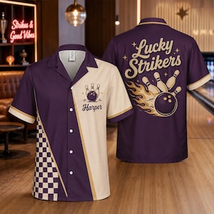 May include: A short-sleeve button-down shirt in purple and cream. The front features a checkered pattern, a bowling ball and pins graphic, and the name Harper. The back displays the text Lucky Strikers with a flaming bowling ball and pins.