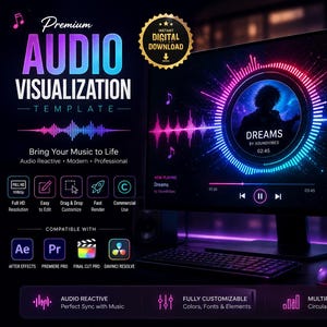 Op de afbeelding: Een digitale audio-visualisatiesjabloon op een computermonitor met een cirkelvormige muziekgolfvorm in neonroze en blauw. Het scherm toont de tekst Dreams by Soundvibes, afspeelknoppen en volume-instellingen, inclusief iconen voor softwarecompatibiliteit.