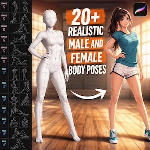 May include: A digital art reference guide featuring 20+ realistic male and female body poses. The image displays a white 3D mannequin model next to a finished illustration of a person in a teal t-shirt and white shorts, with a sidebar of pose sketches.
