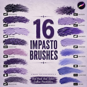 Op de afbeelding: Een digitale collectie van 16 paarsgetinte impasto-penselen voor Procreate, met diverse verfstreektexturen zoals ruw, droog, dik, gebarsten, korrelig en gelaagd, met de tekst 16 IMPASTO BRUSHES MADE FOR PROCREATE weergegeven.