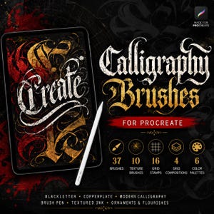 Könnte beinhalten: Ein digitales Tablet zeigt das Wort Create in weißer und goldener Kalligrafie, begleitet von einem weißen Eingabestift. Der Text Calligraphy Brushes for Procreate ist sichtbar, zusammen mit Symbolen für 37 Pinsel, 10 Texturpinsel, 16 Rasterstempel, 4 Rasterkompositionen und 6 Farbpaletten.