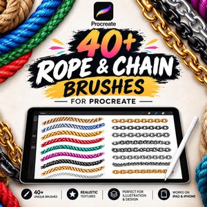 May include: A digital set of 40+ rope and chain brushes for Procreate displayed on a tablet screen. The image features various coloured rope and metal chain textures surrounding the text 40+ ROPE & CHAIN BRUSHES FOR PROCREATE.