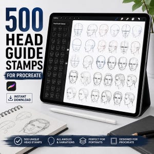 以下が含まれることがあります： Procreate用の500個のヘッドガイドスタンプを表示するタブレット画面。さまざまな角度の人間頭部の鉛筆画スケッチが並んでいます。左側には「500 HEAD GUIDE STAMPS FOR PROCREATE」というテキストが表示されています。