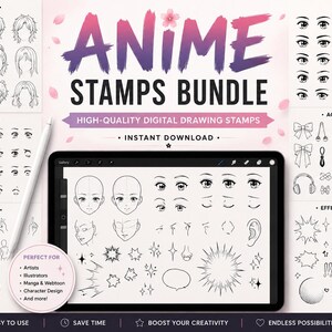 May include: A digital anime stamps bundle featuring various black and white line art elements including hairstyles, eyes, expressions, hands, poses, accessories, and effects. A tablet displays a selection of these stamps with a stylus pen nearby.