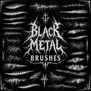 Może przedstawiać: Kolekcja białych cyfrowych pociągnięć pędzla i tekstur na czarnym tle, zawierająca poszarpane, cierniste i postarzane wzory. Tekst "BLACK METAL BRUSHES" jest wyśrodkowany przy użyciu stylizowanej, kolczastej i złożonej czcionki gotyckiej.