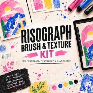 Könnte beinhalten: Ein digitales Design-Kit mit dem Titel RISOGRAPH BRUSH & TEXTURE KIT FOR PROCREATE, PHOTOSHOP & ILLUSTRATOR. Das Bild zeigt farbenfrohe, texturierte Kunstdrucke, ein Tablet mit einer Landschaftsillustration, Farbspritzer und Marker.