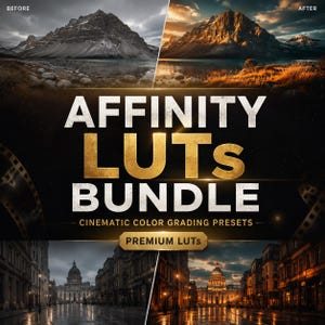 Peut inclure: Un graphique de produit numérique intitulé AFFINITY LUTS BUNDLE CINEMATIC COLOR GRADING PRESETS PREMIUM LUTs. L'image affiche deux comparaisons en écran divisé montrant les effets avant et après de l'étalonnage sur des paysages.