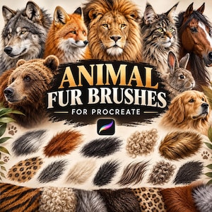 Puede incluir: Una colección digital de pinceles de pelaje animal para Procreate que presenta varios retratos de animales, incluyendo un lobo, zorro, león, gato, caballo, conejo y perro, con numerosas muestras de texturas de pelaje en varios estilos.