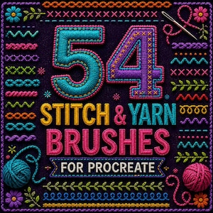 54 Procreate Stitch & Yarn Brushes, Embroidery Sewing Brushes, Fabric Texture Brushes, Thread Stamps, Digital Download Craft Brush Set