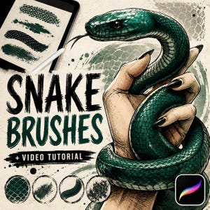 Op de afbeelding: Een digitale illustratie met een groene slang die om een hand is gewikkeld, met de tekst SNAKE BRUSHES + VIDEO TUTORIAL. De afbeelding bevat een tablet met penseelstreken, vier cirkelvormige voorbeeldpictogrammen en een Procreate-app-icoon.