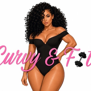 May include: A digital illustration of a person with long dark curly hair wearing a black off-the-shoulder bodysuit. The text Curvy & Fit is written in pink script, with a small black dumbbell replacing the letter i in the word Fit.