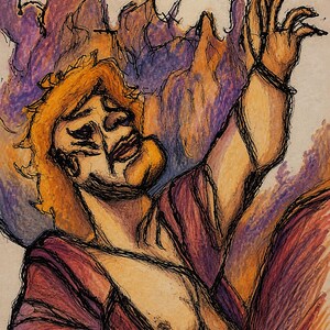 May include: A colored pencil and ink drawing of a figure with orange hair and a maroon garment, reaching one arm upward. The background features swirling purple and orange clouds, with bold black outlines defining the figure's form and features.