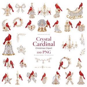May include: A collection of digital illustrations featuring red cardinals perched on various crystal Christmas ornaments, including bells, stars, wreaths, snow globes, and chandeliers. The text reads MIO BLUSH ATELIER Crystal Cardinal Christmas Clipart 110 PNG.
