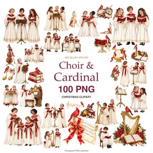 May include: A digital collection of 100 PNG Christmas clipart images featuring choir members in white and red robes, red cardinal birds, harps, violins, music stands, and open books. The text reads Mio Blush Atelier Choir & Cardinal 100 PNG.