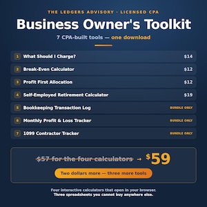 K&ouml;nnte beinhalten: Eine dunkelblaue digitale Grafik mit dem Titel Business Owner's Toolkit von The Ledgers Advisory. Sie listet sieben von Steuerberatern entwickelte Tools auf, darunter Rechner f&uuml;r Preise, Break-Even, Gewinnverteilung und Altersvorsorge.