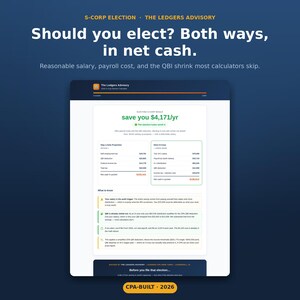 Pode incluir: Uma infografia digital intitulada S-CORP ELECTION THE LEDGERS ADVISORY com uma tabela comparativa de poupan&ccedil;as fiscais. O texto diz Should you elect? Both ways, in net cash. Reasonable salary, payroll cost, and the QBI shrink most calculators skip.