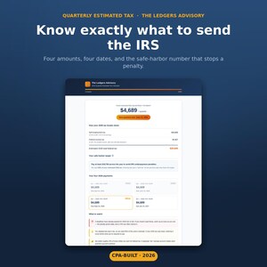 Pode incluir: Uma interface digital intitulada The Ledgers Advisory Quarterly Estimated Tax mostrando um pagamento sugerido de $4.689. A tela exibe detalhes de impostos, metas de seguran&ccedil;a e quatro datas de pagamento para o ano fiscal de 2026.