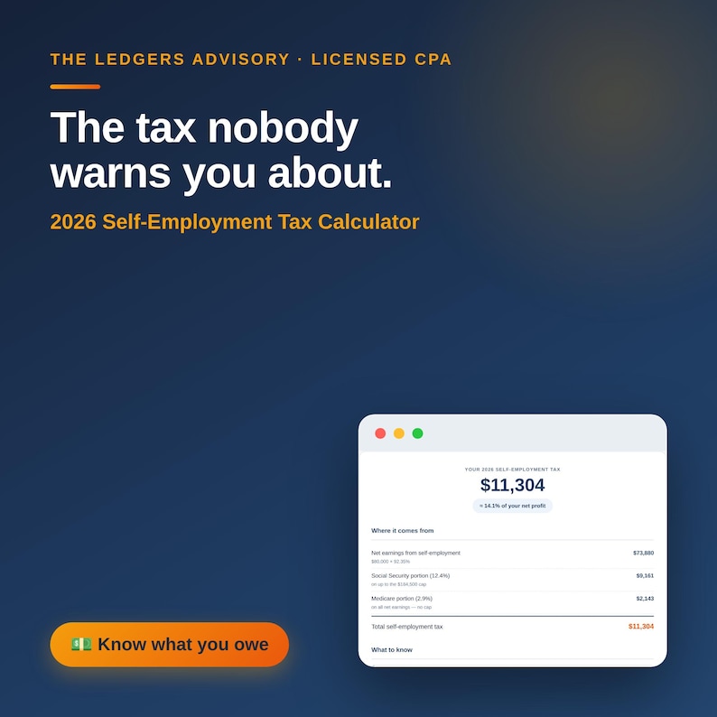 May include: A digital graphic with a dark blue background featuring the text The Ledgers Advisory Licensed CPA, The tax nobody warns you about, and 2026 Self-Employment Tax Calculator. An orange button reads Know what you owe next to a tax summary.
