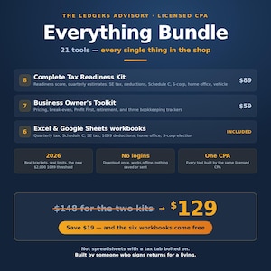 Pode incluir: Um gr&aacute;fico digital azul escuro intitulado The Ledgers Advisory Licensed CPA Everything Bundle. Lista 21 ferramentas, incluindo um kit de prepara&ccedil;&atilde;o fiscal, um kit de ferramentas para propriet&aacute;rios de empresas e pastas de trabalho Excel.