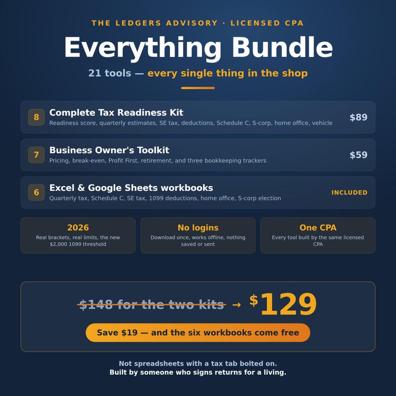 Pode incluir: Um gr&aacute;fico digital azul escuro intitulado The Ledgers Advisory Licensed CPA Everything Bundle. Lista 21 ferramentas, incluindo um kit de prepara&ccedil;&atilde;o fiscal, um kit de ferramentas para propriet&aacute;rios de empresas e pastas de trabalho Excel.