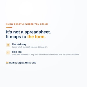 May include: A digital graphic with orange and dark blue text that reads: KNOW EXACTLY WHERE YOU STAND. It's not a spreadsheet. It maps to the form. An X icon marks The old way: Guess which line each expense belongs on. A checkmark marks This tool: Enter your numbers &mdash; they land on the exact Schedule C line, net profit calculated. Built by Sophia Miller, CPA.