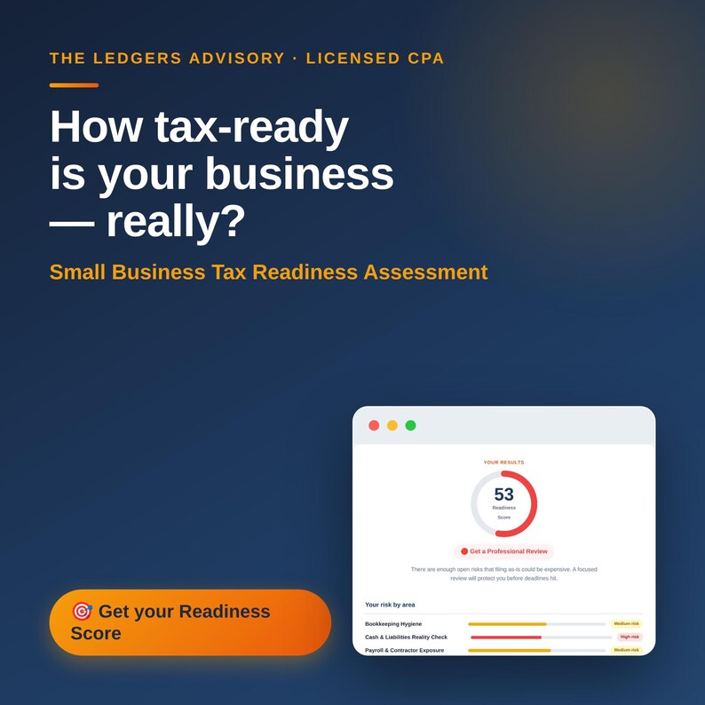以下が含まれることがあります： THE LEDGERS ADVISORY LICENSED CPA、How tax-ready is your business&mdash;really?、Small Business Tax Readiness Assessmentというテキストが記載されたデジタル画像。オレンジ色のボタンにはGet your Readiness Scoreと書かれている。ダッシュボードには53というスコアが表示されている。
