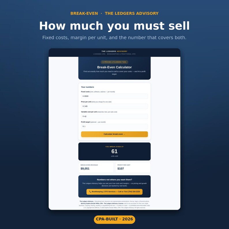 May include: A digital break-even calculator tool displayed on a dark blue background. The interface includes input fields for fixed costs, price per unit, variable costs, and profit targets, with a button to calculate results and summary boxes.