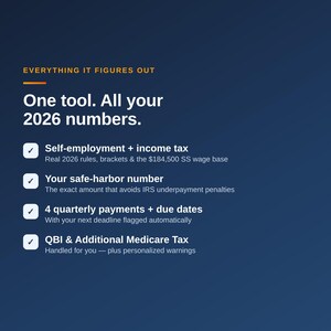 May include: A dark blue informational graphic titled Everything It Figures Out, One tool. All your 2026 numbers. It lists features including self-employment and income tax, safe-harbor numbers, quarterly payments, and QBI and Additional Medicare Tax.