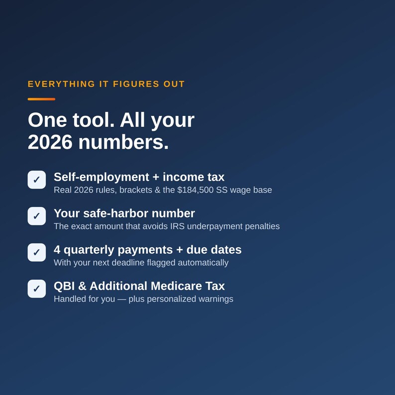 May include: A dark blue informational graphic titled Everything It Figures Out, One tool. All your 2026 numbers. It lists features including self-employment and income tax, safe-harbor numbers, quarterly payments, and QBI and Additional Medicare Tax.