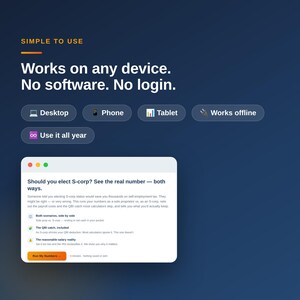 Pu&ograve; includere: Un grafico di interfaccia digitale blu scuro con il testo Simple to Use, Works on any device. No software. No login. Icone per Desktop, Phone, Tablet, Works offline e Use it all year. Una finestra mostra i dettagli del calcolo delle tasse S-corp.