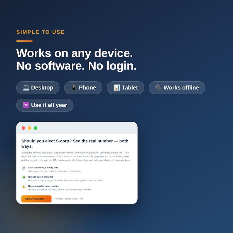 Pu&ograve; includere: Un grafico di interfaccia digitale blu scuro con il testo Simple to Use, Works on any device. No software. No login. Icone per Desktop, Phone, Tablet, Works offline e Use it all year. Una finestra mostra i dettagli del calcolo delle tasse S-corp.