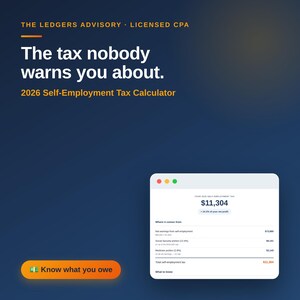 以下が含まれることがあります： ダークブルーのデジタルグラフィック。The Ledgers Advisory Licensed CPA、The tax nobody warns you about、2026 Self-Employment Tax Calculatorのテキストが表示されています。白いウィンドウには税務データが表示され、オレンジ色のボタンにはKnow what you oweと書かれています。