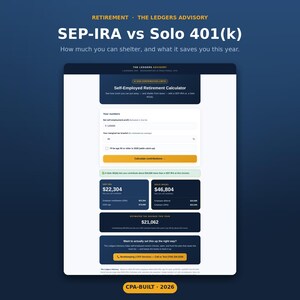 K&ouml;nnte beinhalten: Eine digitale Infografik mit dem Titel SEP-IRA vs Solo 401(k) von The Ledgers Advisory. Sie enth&auml;lt einen Rentenrechner f&uuml;r Selbstst&auml;ndige mit Eingabefeldern f&uuml;r Gewinn und Steuersatz und zeigt Beitragsergebnisse von 22.304 $ und 46.804 $ an.