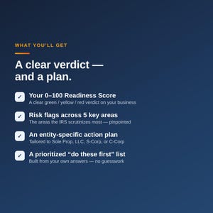 Peut inclure: Un graphique informatif bleu fonc&eacute; intitul&eacute; WHAT YOU'LL GET, avec le texte A clear verdict &mdash; and a plan. Il liste quatre points : Your 0-100 Readiness Score, Risk flags across 5 key areas, An entity-specific action plan, et A prioritized do these first list.