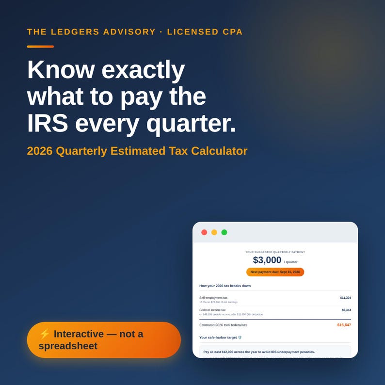 以下が含まれることがあります： The Ledgers Advisory Licensed CPAのデジタルグラフィック。Know exactly what to pay the IRS every quarter. 2026 Quarterly Estimated Tax Calculatorというテキストが表示されています。インタラクティブな計算機インターフェースには、3,000ドルの四半期支払額が表示されています。