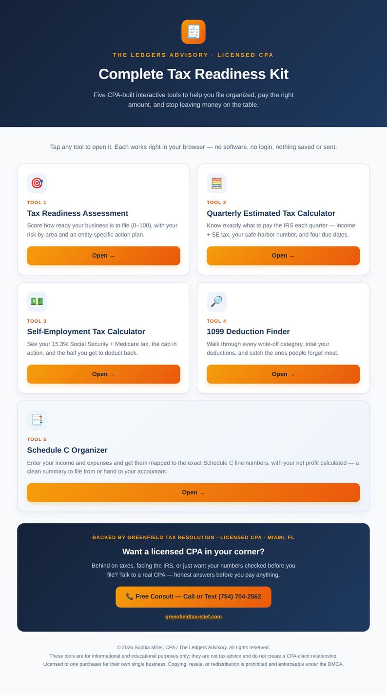 以下が含まれることがあります： The Ledgers AdvisoryによるデジタルComplete Tax Readiness Kit。公認会計士が構築した5つのインタラクティブツール（税務準備評価、四半期推定税計算機、自営業者向け税計算機、1099控除検索ツール、Schedule Cオーガナイザー）が含まれています。
