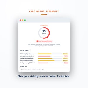 Peut inclure: Une interface de tableau de bord num&eacute;rique affichant un score de pr&eacute;paration de 53 avec une jauge circulaire. L'&eacute;cran liste des zones de risque comme l'hygi&egrave;ne comptable, la tr&eacute;sorerie, la paie, les d&eacute;ductions et les alertes avec des barres color&eacute;es.