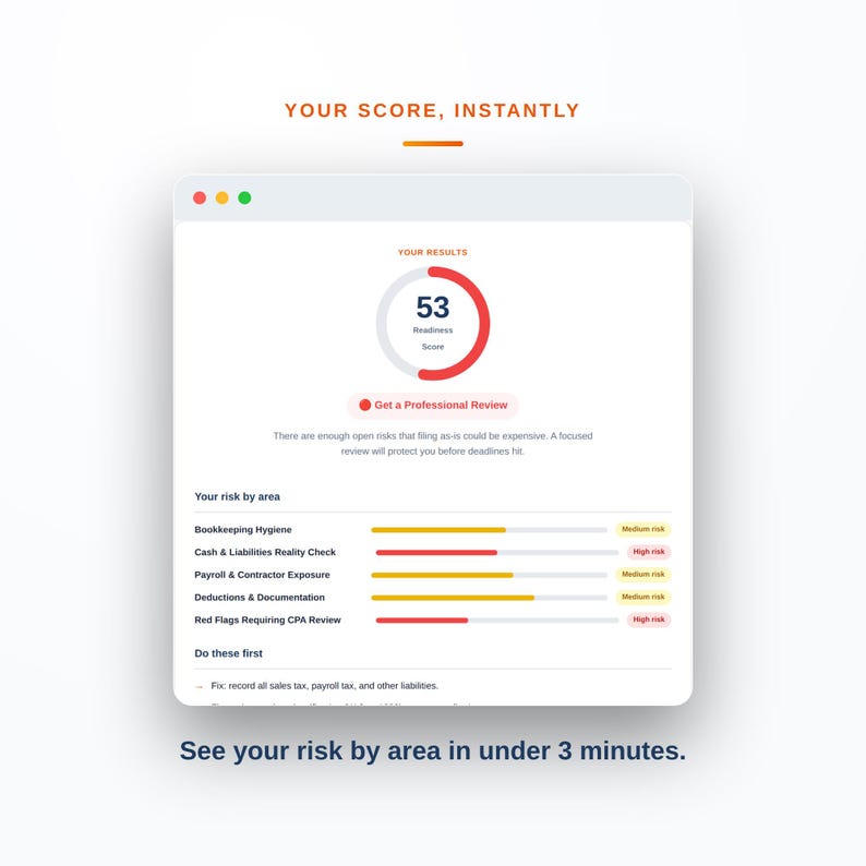 Peut inclure: Une interface de tableau de bord num&eacute;rique affichant un score de pr&eacute;paration de 53 avec une jauge circulaire. L'&eacute;cran liste des zones de risque comme l'hygi&egrave;ne comptable, la tr&eacute;sorerie, la paie, les d&eacute;ductions et les alertes avec des barres color&eacute;es.