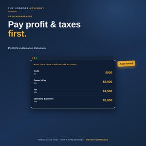 May include: A digital Profit First Allocation Calculator interface on a dark blue background. Text reads: The Ledgers Advisory, Cash Management, Pay profit & taxes first. The tool displays categories: Profit, Owner's Pay, Tax, and Operating Expenses.