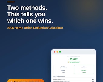 Calculadora de deducciones por oficina en casa 2026 / Método simplificado vs. método real / Hoja de trabajo del formulario 8829 / Trabajadores autónomos y trabajo desde casa / Excel + Herramienta