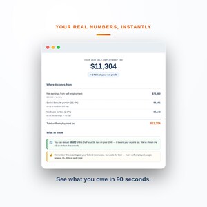 May include: A digital interface displaying a 2026 self-employment tax summary with a total of $11,304. The screen shows net earnings of $73,880, Social Security and Medicare portions, and tax deduction information with the text Your real numbers, instantly.