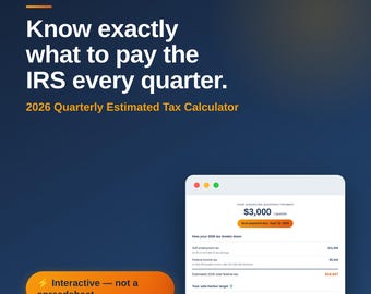 Calculadora trimestral de impuestos estimados 2026 / Herramienta interactiva + Hoja de cálculo de Excel / Trabajadores autónomos y formularios 1099 / Montos de Safe Harbor y 1040-ES