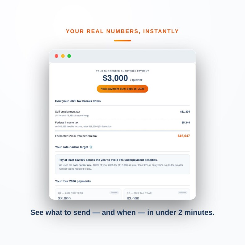 May include: A digital interface displaying tax information with the text YOUR REAL NUMBERS, INSTANTLY at the top. It shows a suggested quarterly payment of $3,000, a 2026 tax breakdown, a safe-harbor target, and payment dates for the 2026 tax year.
