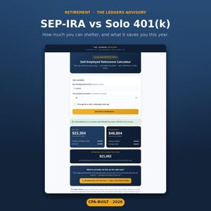 Pode incluir: Uma infografia digital intitulada SEP-IRA vs Solo 401(k) da The Ledgers Advisory. Apresenta uma calculadora de reforma para trabalhadores independentes com campos para lucro e escal&atilde;o de imposto, mostrando resultados de $22.304 e $46.804.