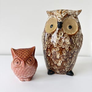 May include: Two ceramic owl figurines. The smaller owl is reddish-brown with a textured, scale-like pattern on its head. The larger owl is taller, featuring a glossy brown and cream mottled glaze with prominent circular eyes and black feet.