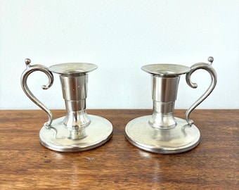 Vintage Pewter Chamberstick Candle Holders Set of 2 Finger Loop 3.25in